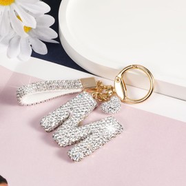 MWOOT Keyring Letter Glitter Rhinestone, Keychain Silvery with Name, Cute Car Keychain, Car Key Fob, Bag Pendant, Handbag Charms, Accessories, Keyring Birthday for Women, m