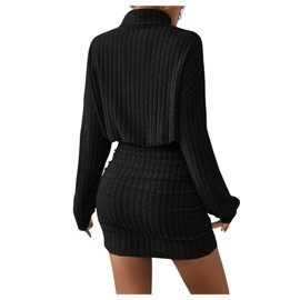 GORGLITTER Women's Jumper Dress, Stand-Up Collar, Casual Dress, Ribbed Knit Winter Dress, Short Bodycon Dress, black