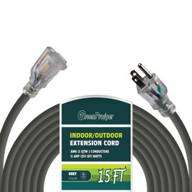 GreenProsper 15 FT Grey Extension Cord with Lighted End, 12 AWG 3 Prong Indoor Outdoor Heavy Duty Waterproof Power Cable for Major Appliance, 12/3 SJTW UL Listed