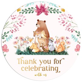 Mobiusea Creation Woodland Animal Favors| 60pcs Waterproof Forest Animals Theme Floral Sticker in 2" | Baby Shower Favors Labels for Woodland Baby Shower, Safari Birthday