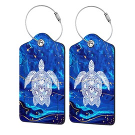 2 Pack Luggage Tag Blue sea Turtle Travel PU Cute Leather Luggage Tag Name ID Labels with Privacy Cover Suitcases Women Men Girls Boys Fun Laggage Tags (Blue sea Turtle)