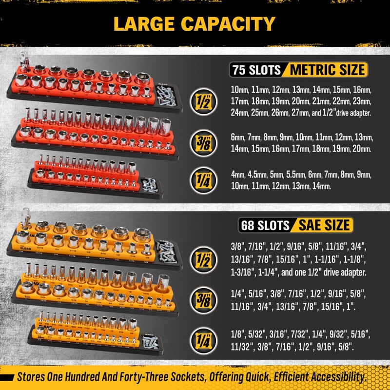 ELEAD Magnetic Socket Organizer Set - Durable 1/2, 1/4, 3/8