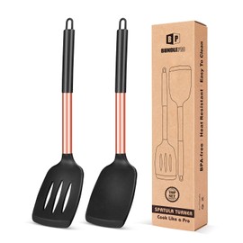 Pack of 2 Silicone Solid Turner, Non Stick Slotted Kitchen Spatulas, High Heat Resistant BPA Free Cooking Utensils, Ideal Cookware for Fish, Eggs, Pancakes(Rose Gold Black)