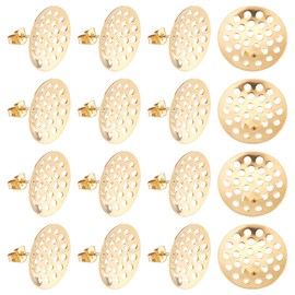 DICOSMETIC Pack of 20 Stainless Steel Stud Earrings Blank Earring Posts with 0.8 mm Pin and 1.5 mm Loop Hole Golden Colour Sieve Base and Earring Backs for Making Jewellery Earrings
