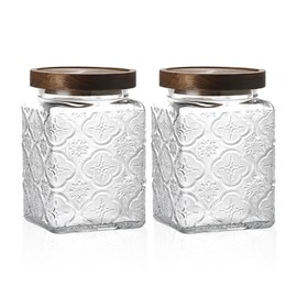 Snminetal Vintage Glass Airtight Storage Jar Set of 2, With Airtight Wood Lid, Kitchen Food Storage Containers,Suitable for storage Tea leaves,Coffee Beans,dried fruits, cereals, etc(Plum pattern)