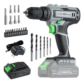 Lithitech 20V Cordless Drill Set with 2.0Ah Battery & Charger, Electric Power Drill Tool,3/8" Keyless Chuck, 2-Speed + 355 In-Lb Torque(Gray)