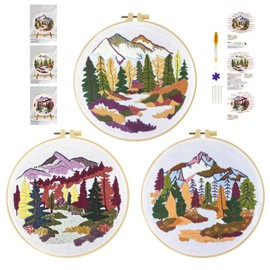 cukol cukol 3pcs Embroidery Kit, Easy Forest Landscape Embroidery Starter Patterns Kits Set for Adults Beginners Including Pattern Cloth, Color Thread, Needles, Hoop, Scissors, Instructions