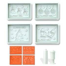Christmas Cookie Cutters, 4-Piece MERRY CHRISTMAS 3D Cookie Stamp Set, Plastic Cookie Cutter Molds for Holiday Baking & Party Treats