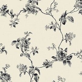 Wallquest Wallpaper Black Charcoal Gray Rose Floral Vine on Beige Faux