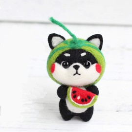 Wool Felt Material Production Package DIY Cute Hand Spinning Crafts Not Finished Beginners Needle Felting Craft Kit (Watermelon, Shiba Inu)