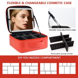 Travel Makeup Bag for Makeup Artists Large Makeup Case,with Mirror 3 Color Setting and Detachable 10x Magnifying Mirror Travel Makeup Bag,Portable Storage and Adjustable Dividers（red）