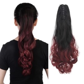 iLUU Long Wavy Synthetic Ponytail Hair Extensions Curly Claw Clip in Ponytail Hair Extensions Wig with Clip for Women Girl (24", 130g, 1B Natural Black to #BUG Dark Red)