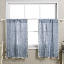 RoomTalks Boho Kitchen Curtains 36 Inch Length French Striped Farmhouse Vintage Chic Cottage Tassel Short Cafe Curtains for Small Window Kitchen Bathroom Bohemian Decor (36’’L x 24’’W, Blue)
