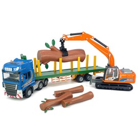 Timber Transport Truck Log Trailer with Loading Wood Grab Logging Flatbed Truck Toy Carrier Semi Tow Trucks Metal Diecast Construction Vehicles 2 in 1 Vehicle Playset Toy Trucks for Boys Kids Gifts