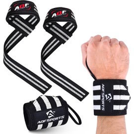 AQF 18 Inch Wrist Bandages & Padded Lifting Straps Strength Training Set (1 Pair Each), Wrist Support Kit for Fitness, Gym, Deadlift, Bodybuilding & Weightlifting for Men and Women (Black & White)