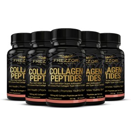 FREZZOR Collagen Peptides with UAF1000+, 100% Grass-Fed New Zealand Cattle Source, Hydrolyzed, Joint, Skin, Hair & Nail Support, Amino Acids, Anti-Aging, 450 Capsules, 5 Bottles