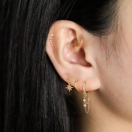 14k Gold Earring Sets for Multiple Piercing Gold Hoops Earrings for Women Star Moon Lightning Stud Earrings Gold Chain Hoop Earrings Small Hoop Earrings Dainty Stud Earrings Birthday Party Ewelry Gift for Girls