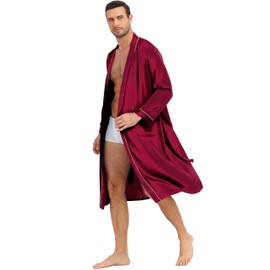 Lovasy Mens Silk Dressing Gown Lightweight Satin Robe for men Summer Kimono Dressing Gown Long Sleeve Bathrobe Soft Spa Silky Robes with Belt and Pockets Loungewear Nightwear,Red,L