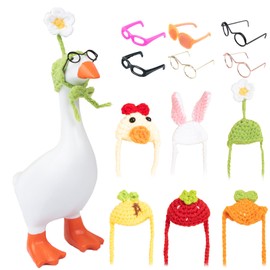 Neowedding 6 Set 7inch Desk Goose Outfits Mini Knitting Hats with Sunglasses Small Desk Goose Outfits Knit Hat Accessory Mini Porch Goose Headwear for Magnetic Goose Statue
