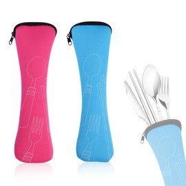 BQRKOTM Pack of 2 Cutlery Bags, Portable Neoprene Cutlery Bags, Empty with Zip, Camping Tableware, Washable School Picnic Cutlery to Go (Light Blue and Rose Red)