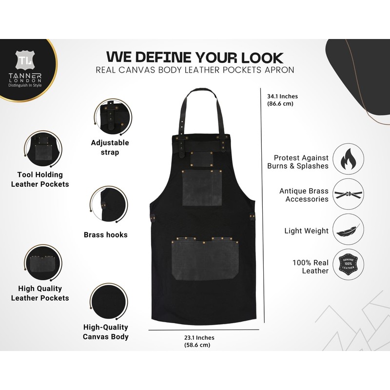 Canvas Apron with Leather Pockets & Holders – Chefs, Bakers,