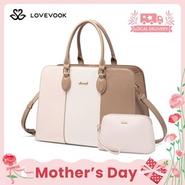 LOVEVOOK Laptop Tote Bag for Women, Stylish Leather Shoulder Bag with Small Pouch, Color Block Crossbody Bag for Commuting, Office, Business Trips. - Color: Purple-Black-Blue