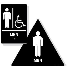 ADA Men Restroom Paired Set, Braille Sign + Door Sign, ADA Compliant (Black)
