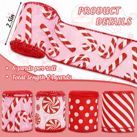 JarThenaAMCS Christmas Wired Edge Ribbon Red Peppermint Candy Cane Ribbon Xmas Fabric Ribbon for Wreath Bow Making DIY Crafts Gift Wrapping, 4 Rolls, 24 Yard