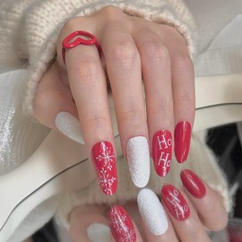 24 Pcs Christmas Press on Nails Long - Almond Press on Nails Press on Nails Medium Fake Nails French Tip Press on Nails Acrylic Nails False Nails Red Press on Nails for Young Girls Chirstmas Present