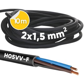 10 m Kalitec H05VV-F Hose Cable 2 x 1.5 mm² I Power Cable without Protective Conductor I PVC Cable for Indoor I Electric Cable Black I Lamp Cable Flexible I Device Cable 2 Core