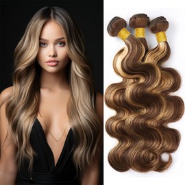 Highlight Brown Bundles Human Hair Ombre Highlight Blonde Body Wave Bundles P4/613 Human Hari Bundles Two Tone Brown Mixed With Blonde Bundles Soft and Silky Bundles for Black Women 22 24 26 Inch
