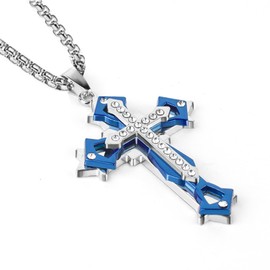 Zinvefa Men's Cross Pendant Necklace, Cross Chain, Cubic Zirconia, Stainless Steel Chain, Men's Length of Chain, 60 cm, Gold/Black/Blue, Stainless Steel