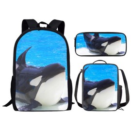 Parprinty Kids Novelty Animal Backpack and Lunch Box for Boys Girls Student Lightweight 17 Inch School Killer Whale Orca Backpack with Lunch Bag Pencil Case Kids Comfy Padded Black Large Bookbag