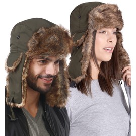Tough Headwear Fur Hat - Russian Style Fur Trapper Hat for Men Women - Fluffy Ushanka Hats - Mens Bomber Hats - Water Resistant Shell - Secure Chin Strap with Fluffy Ear Flaps Army Green