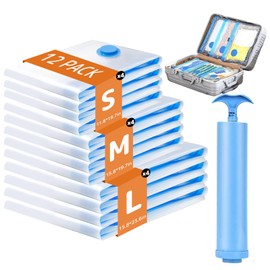 12 Pack Travel Vacuum Storage Bags with Hand Pump, Space Saver for Clothing Travel and Clothes, Vacuum Packing Seal for Luggage and Suitcase