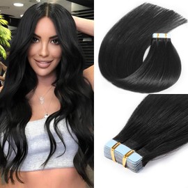 FoxFace Tape in Hair Extensions Human Hair, Jet Black 14inch 50g 20pcs, Seamless Remy Straight Hair, Invisible Tape in Hair Extensions