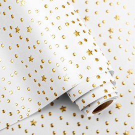 Flyhill White Kraft Eid Wrapping Paper Roll - 17x197Inch - Gold 3D Foil Stars & Polka Dots Gift Wrap Paper Design for Birthdays, Weddings, Baby Showers, Holidays