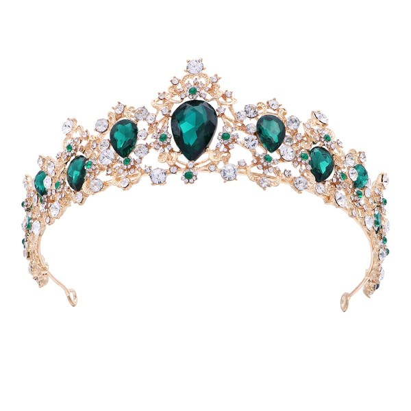 Frcolor Royal Crystal Tiara Green Rhinestone Queen Tiara Wedding Crown Princess Hair Accessories for Bridal (Emerald Color)