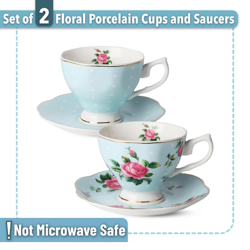 BTaT- Floral Tea Cups and Saucers, Set of 2, 8oz,