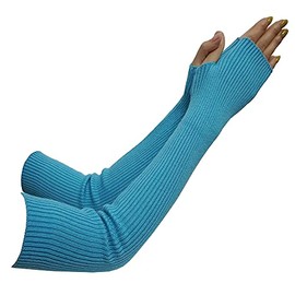 Lemoyoung Women's Cashmere Warm Long Fingerless Gloves Winter Arm Warmer, Blue, Length:50 cm