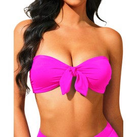 Holipick Bandeau - Parte superior de bikini para mujer, sin tirantes, solo con lazo frontal, con correas para los hombros, Rosa encendido, X-Large