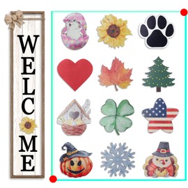 LuZhiQiang Front Porch Welcome Sign for Interchangeable Standing 45"X9" With 12 Pcs Replaceable Icons Wood Frame Signs Outdoor Front Door Decor (Wood White)