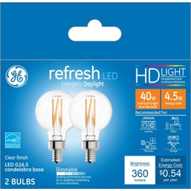 GE Refresh LED Light Bulbs, 40 Watt, Daylight, G16.5 Globe Bulbs, Small Base (2 Pack)