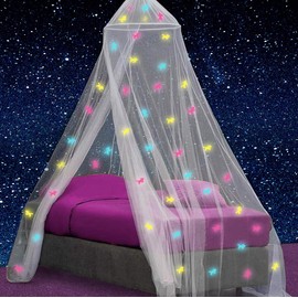 UB-STORE Canopy for Girls Bed with Pre-Glued Glow in The Dark Unicorns - Princess Mosquito Net Room Decor - Kids & Baby Bedroom Tent with Galaxy Lights - 1 Opening Canopy Bed & Hanging Kit Included