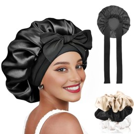 Candibella Silk Bonnet for Hair with 3 Scrunchies, Adjustable Silk Hair Cap for Sleeping, Satin Bonnet for Curly Hair with Wide Elastic Tie Band, Black, One size