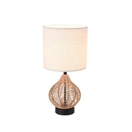 KUNJOULAM Retro Rattan Table Lamp, Small Nightstand Lamp with Linen Fabric Lampshade, Wicker Bedside Lamp for Bedroom Living Room Home Office Decor