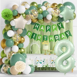 SOOXII 141pcs birthday balloons kits 8th birthday balloons Sage Green Birthday Party Decorations happy birthday banner With headband fringe curtain for Girls Women Birthday(8th)