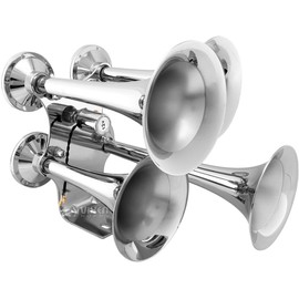 Vixen Horns Train Horn for Truck/Car. 4 Air Horn Chrome Plated Heavy Duty Trumpets. Super Loud dB. Fits 12v Vehicles Like Semi/Pickup/Jeep/RV/SUV VXH4318