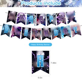 PINUO Anime Theme Birthday Banner, Cake Topper, Latex Balloons, Purple