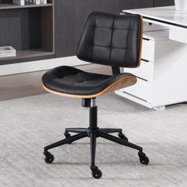 BERYTH Home Office Desk Chair with Wheels, Adjustable Height Armless Office Chair, PU Leather Mid Back 360° Small Computer Chair, Modern Walnut Chair No Arms for Office, Reading Meeting Room(Black)